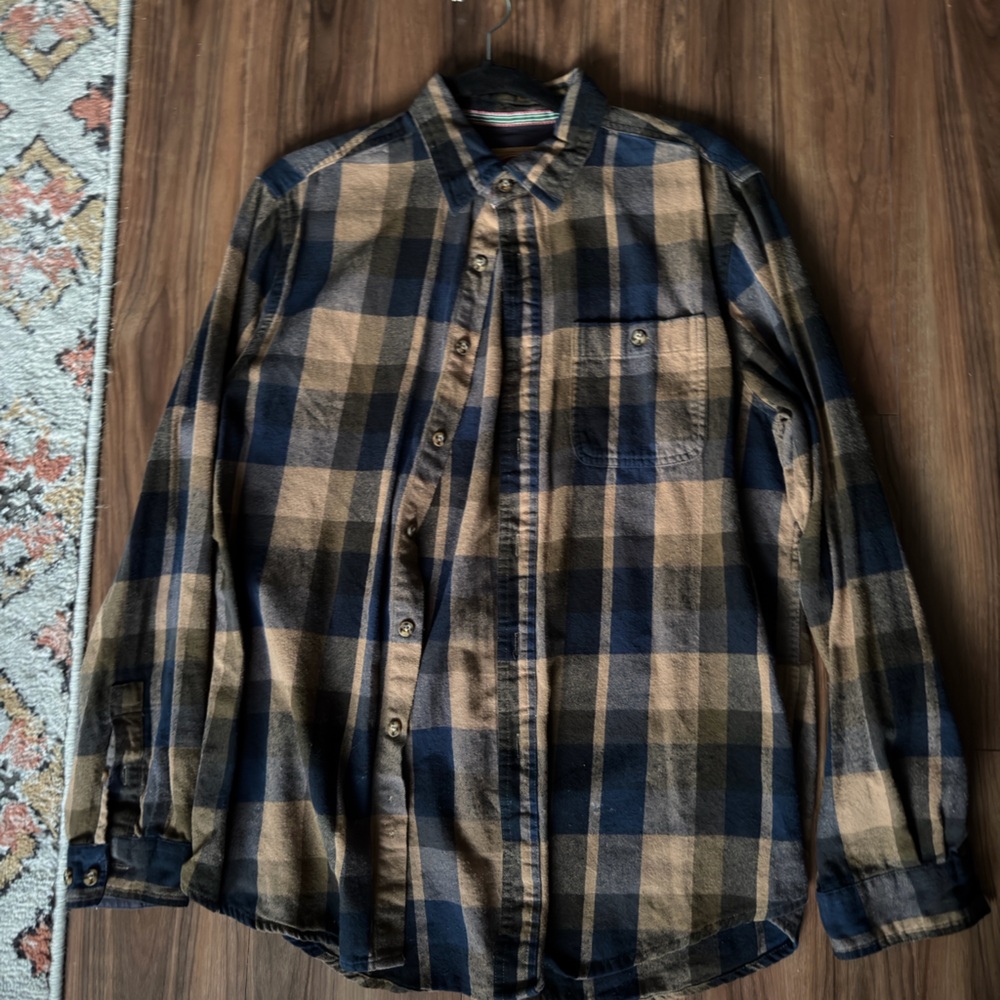 Boston Traders Navy and Tan Plaid Flannel Shirt